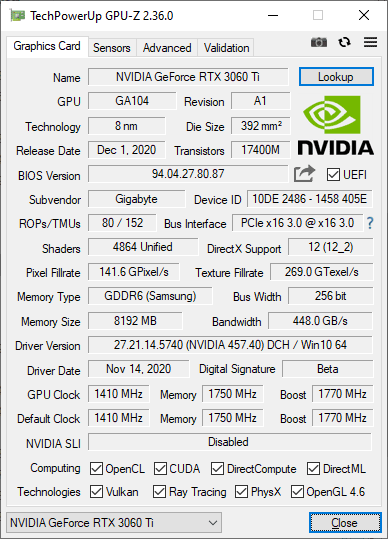 Gigabyte RTX 3060 Ti Gaming OC PRO 8G; Silent mode