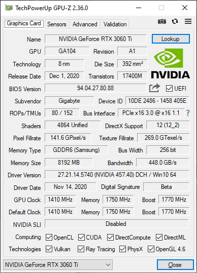 Gigabyte RTX 3060 Ti Gaming OC PRO 8G; OC mode