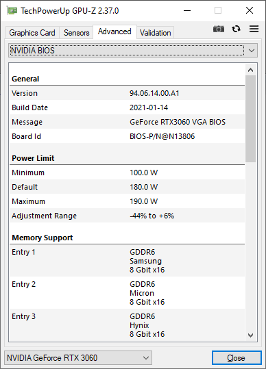 Gainward RTX 3060 Ghost OC 12G GPUZ TDP