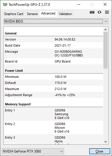 Gigabyte RTX 3060 Gaming OC 12G GPUZ TDP