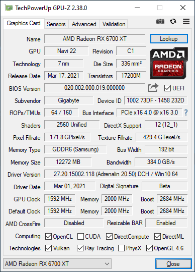 Gigabyte RX 6700 XT Gaming OC 12G GPUZ