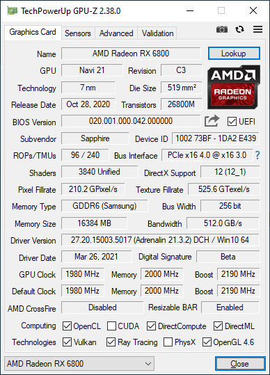 Sapphire NITRO+ RX 6800 16G; OC mode