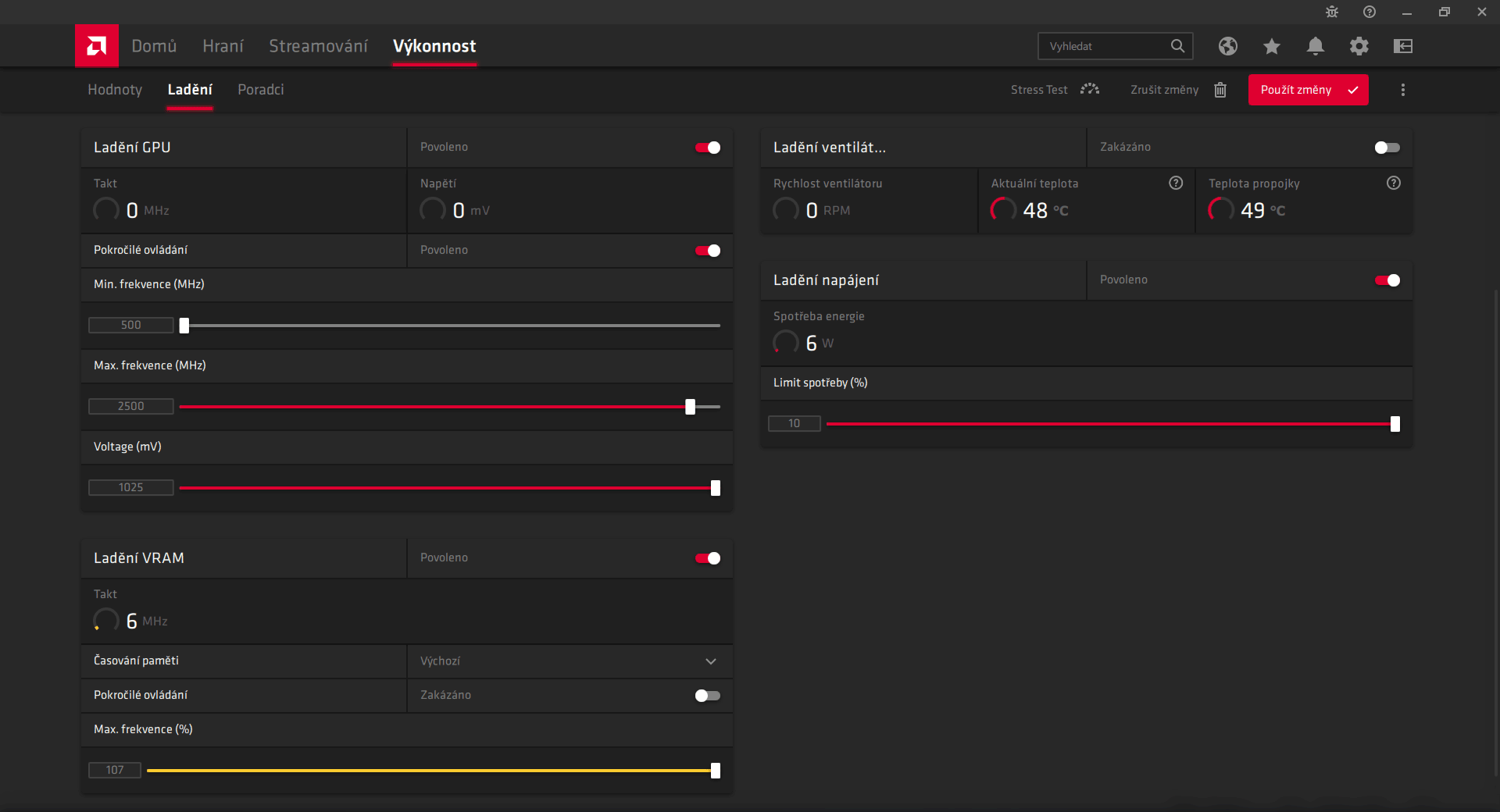 Sapphire NITRO+ RX 6800 16G; RSAE přetaktování