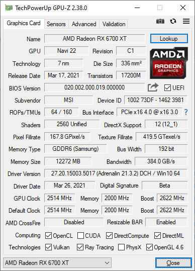 MSI RX 6700 XT Gaming X 12G GPUZ