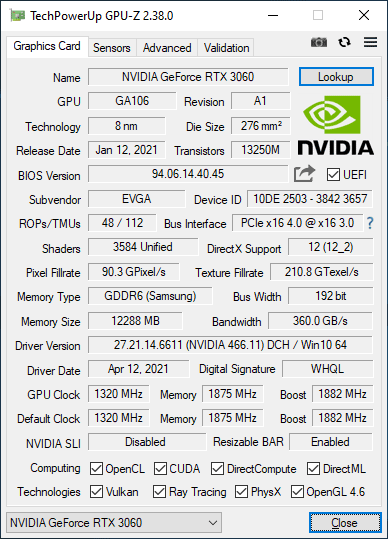 EVGA RTX 3060 XC Gaming 12G GPUZ