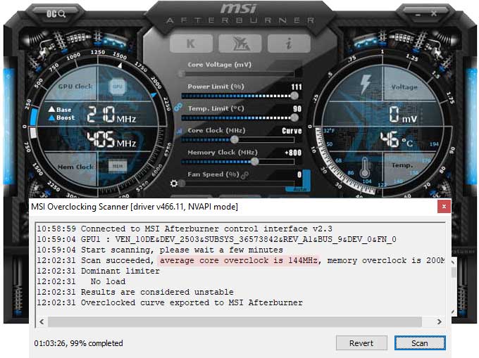 Přetaktování pomocí MSI Afterburner EVGA RTX 3060 XC Gaming 12G přetaktování Afterburner