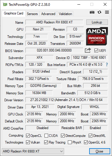Pro zvětšení klikni XFX RX 6900 XT Speedster MERC 319 Black GPUZ