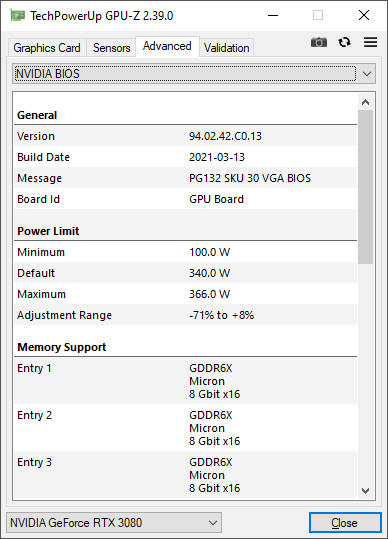 EVGA RTX 3080 XC3 Black Gaming 10G GPUZ TDP