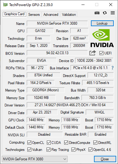 EVGA RTX 3080 XC3 Black Gaming 10G GPUZ