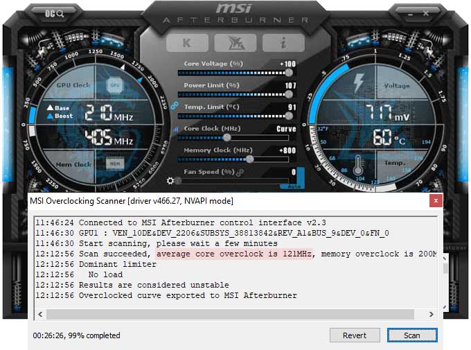 EVGA RTX 3080 XC3 Black Gaming 10G přetaktování Afterburner