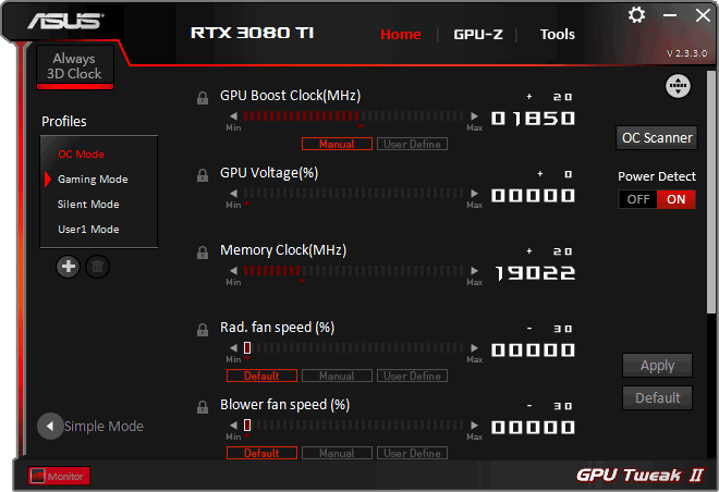 Pro zvětšení klikni Asus STRIX LC RTX 3080 Ti O12G Gaming Tweak advanced mode