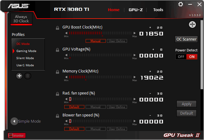 Asus STRIX LC RTX 3080 Ti O12G Gaming Tweak advanced mode