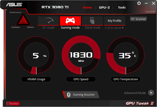 Pro zvětšení klikni Asus STRIX LC RTX 3080 Ti O12G Gaming Tweak simple mode