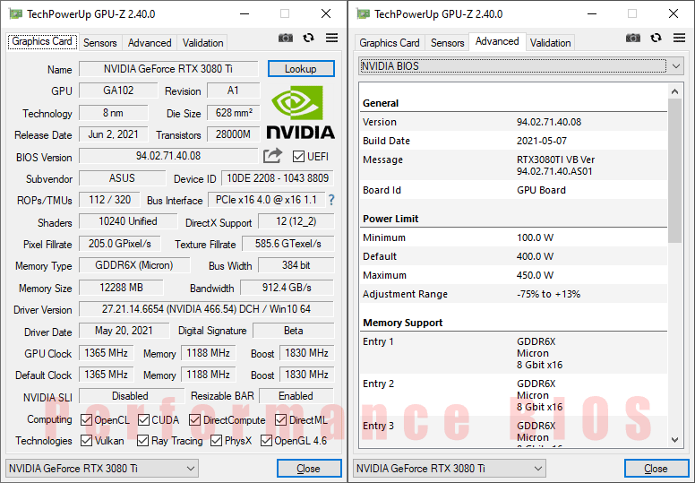 Asus STRIX LC RTX 3080 Ti O12G Gaming GPUZ; Performance mode