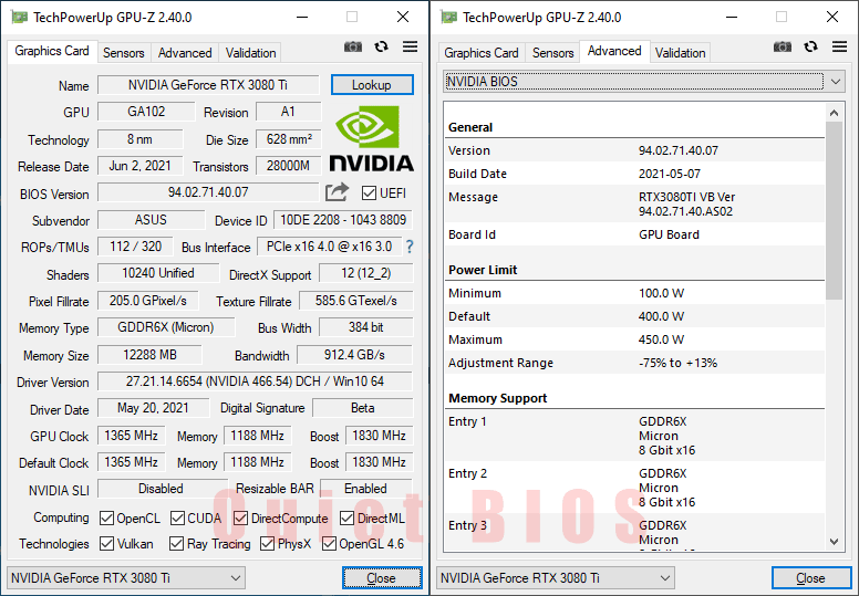 Asus STRIX LC RTX 3080 Ti O12G Gaming GPUZ; Quiet mode