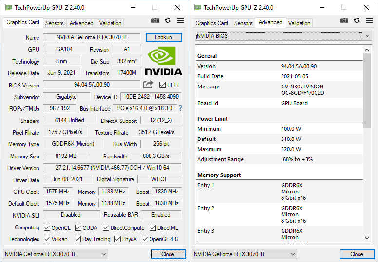 Gigabyte RTX 3070 Ti VISION OC 8G GPUZ