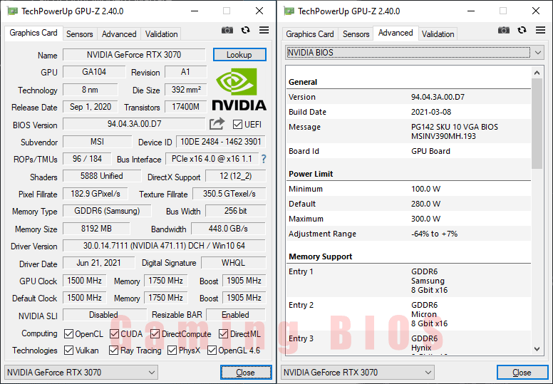 MSI RTX 3070 SUPRIM X 8G GPUZ; Silent mode