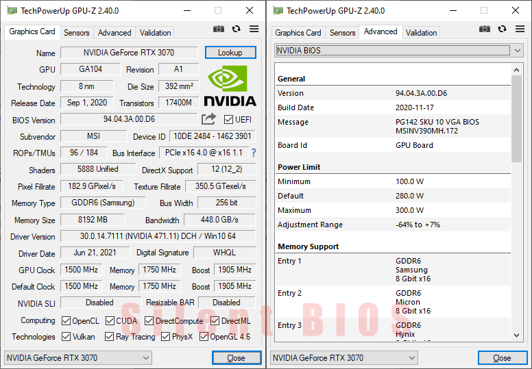 MSI RTX 3070 SUPRIM X 8G GPUZ; Gaming mode