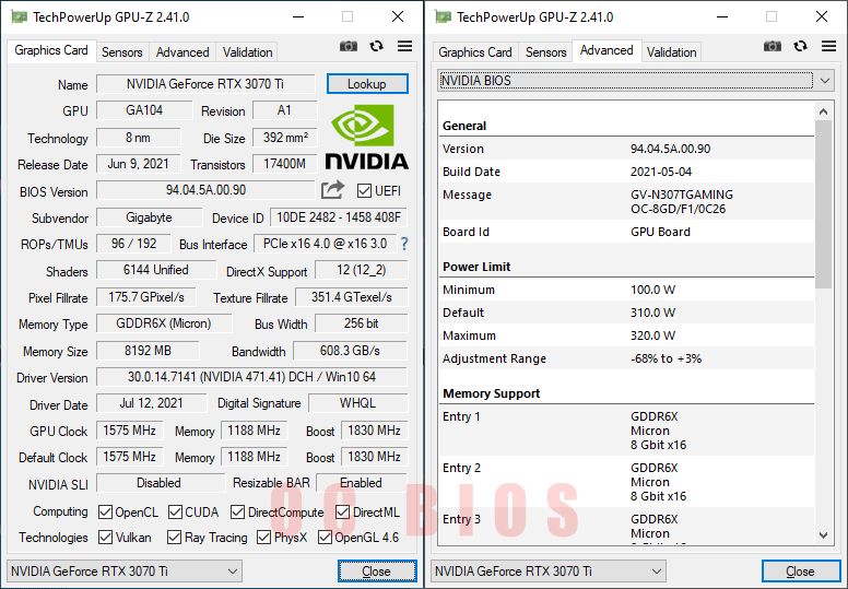 Gigabyte RTX 3070 Ti GAMING OC 8G GPUZ; OC mode