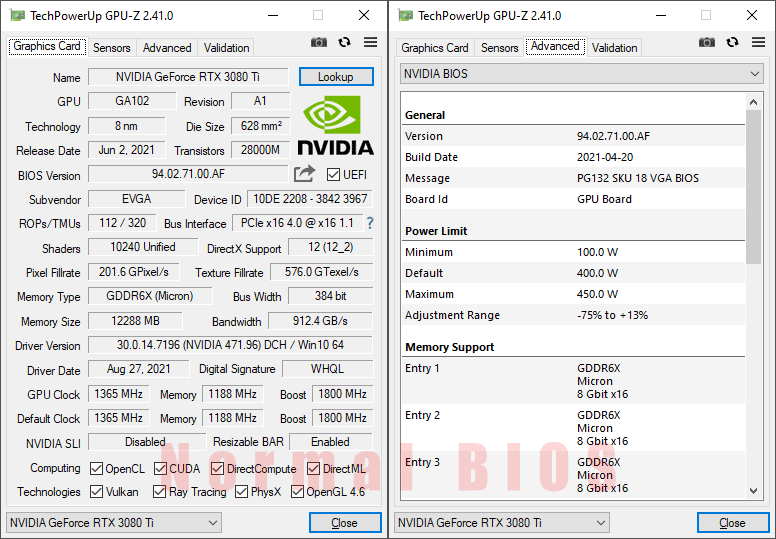 EVGA RTX 3080 Ti FTW3 ULTRA Gaming GPUZ; Normal BIOS