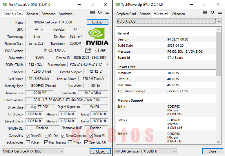 EVGA RTX 3080 Ti FTW3 ULTRA Gaming GPUZ; OC BIOS