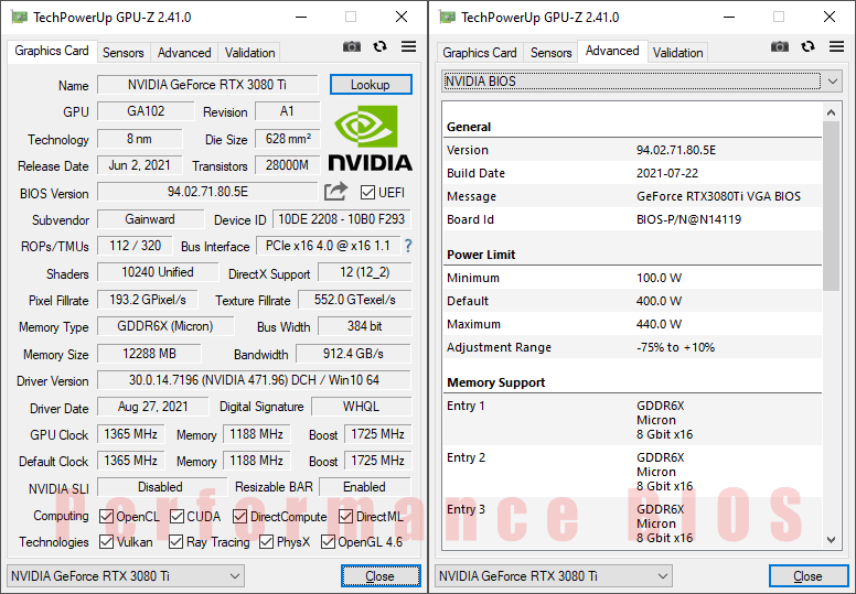 Gainward RTX 3080 Ti Phantom GS 12G GPUZ; Performance mode