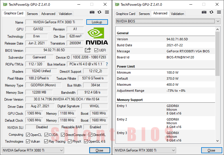 Gainward RTX 3080 Ti Phantom GS 12G GPUZ; Silent mode