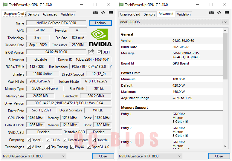 Gigabyte AORUS RTX 3090 XTREME 24G GPUZ; Performance mode