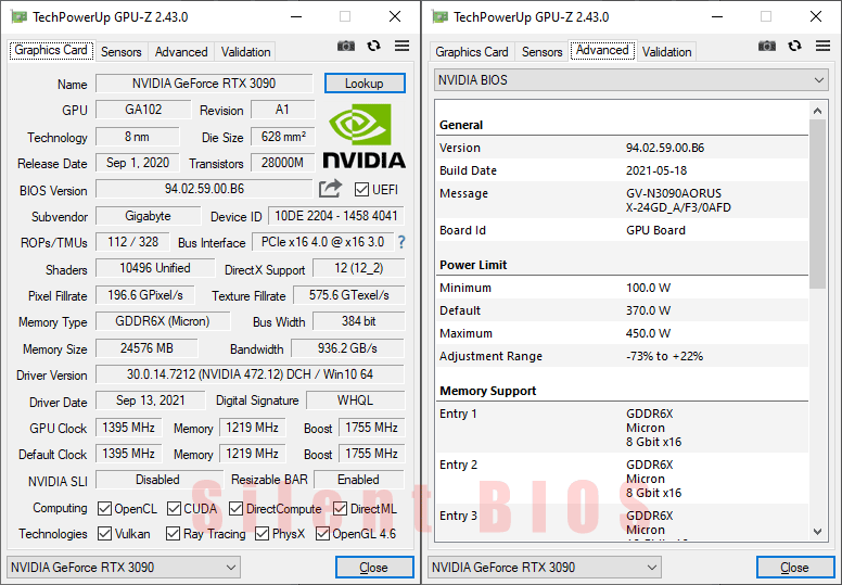 Gigabyte AORUS RTX 3090 XTREME 24G GPUZ; Quiet mode