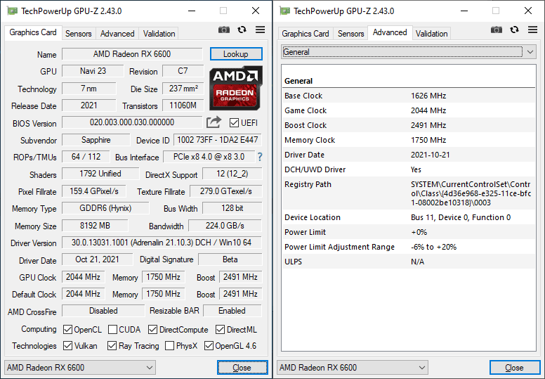 Pro zvětšení klikni Sapphire PULSE RX 6600 8G GPUZ