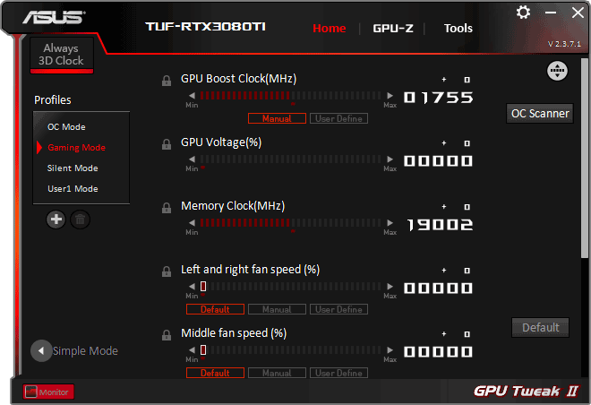 Asus TUF RTX 3080 Ti O12G Gaming Tweak advanced mode