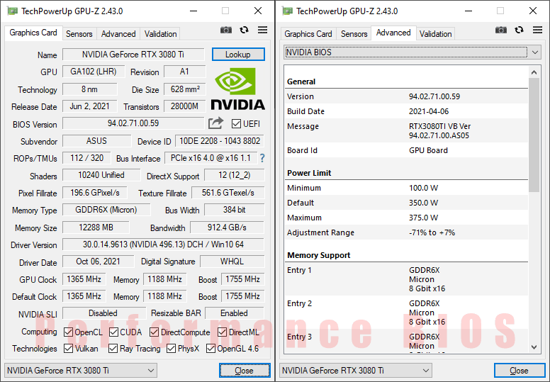 Asus TUF RTX 3080 Ti O12G Gaming GPUZ; Performance mode