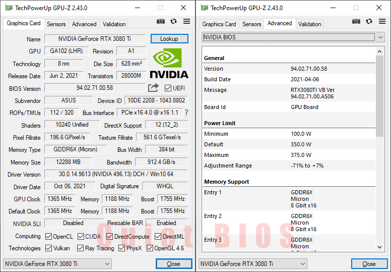 Asus TUF RTX 3080 Ti O12G Gaming GPUZ; Quiet mode