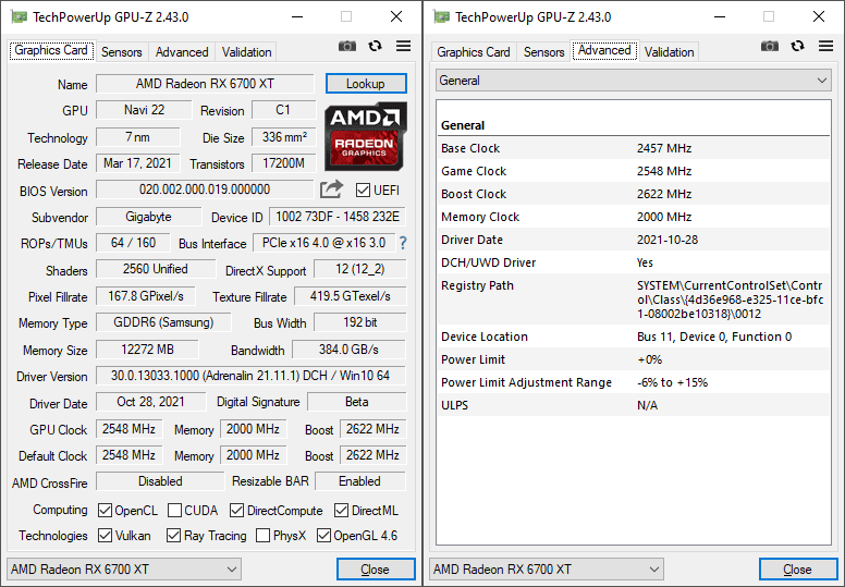 Gigabyte AORUS RX 6700 XT ELITE 12G GPUZ