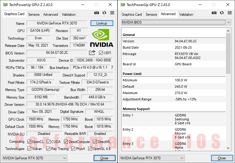Asus RTX 3070 Noctua OC Edition GPUZ; Performance mode