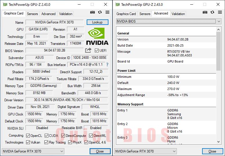 Asus RTX 3070 Noctua OC Edition GPUZ; Quiet mode