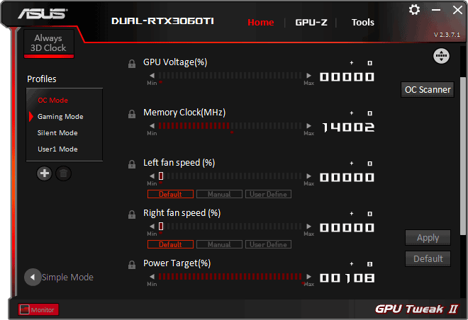 Pro zvětšení klikni Asus DUAL RTX 3060 Ti O8G V2; GPU Tweak advanced mode