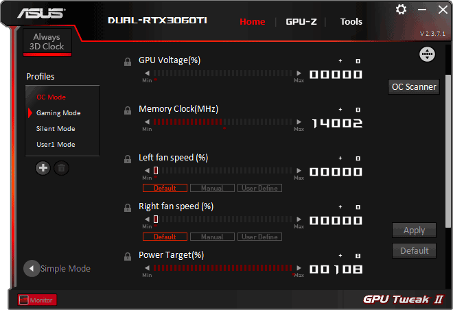 Asus DUAL RTX 3060 Ti O8G V2; GPU  Tweak advanced mode