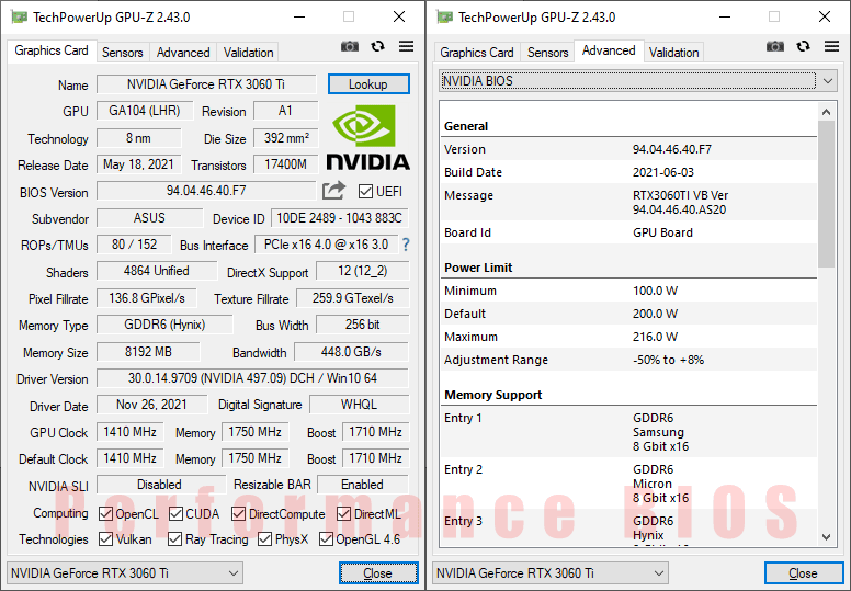 Asus DUAL RTX 3060 Ti O8G V2; GPUZ - Performance mode