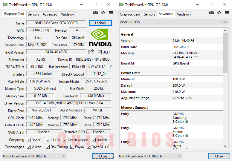 Asus DUAL RTX 3060 Ti O8G V2; GPUZ - Quiet mode