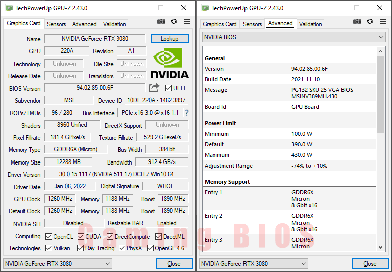 MSI RTX 3080 SUPRIM X 12G GPUZ; Silent mode