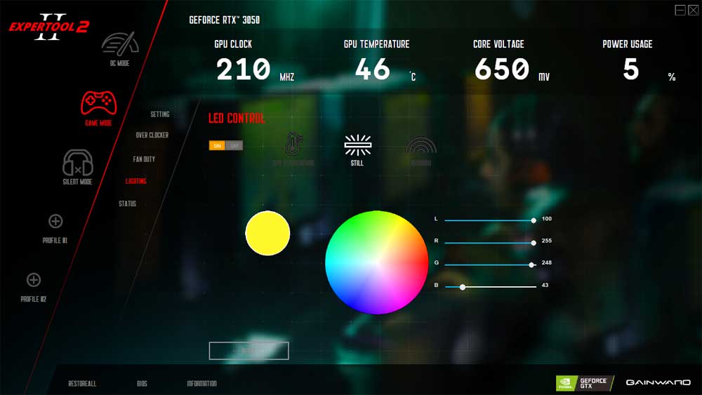 Gainward RTX 3050 GHOST OC 8G; ExperTool - LED CONTROL