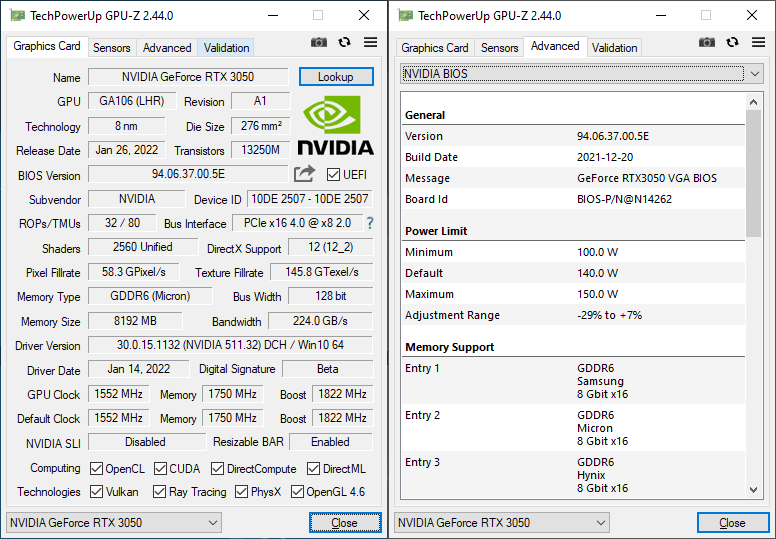 Gainward RTX 3050 GHOST OC 8G GPUZ