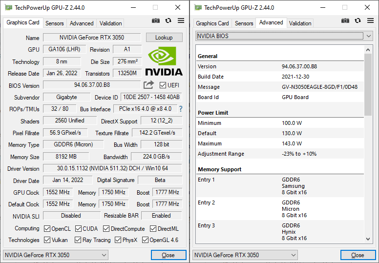 Gigabyte RTX 3050 EAGLE 8G GPUZ