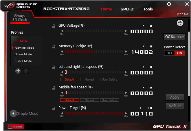 Pro zvětšení klikni Asus STRIX RTX 3050 O8G Gaming Tweak advanced mode