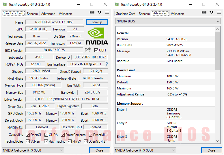 Asus STRIX RTX 3050 O8G Gaming GPUZ; Performance mode