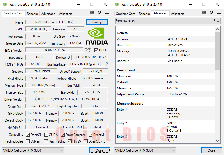 Asus STRIX RTX 3050 O8G Gaming GPUZ; Quiet mode