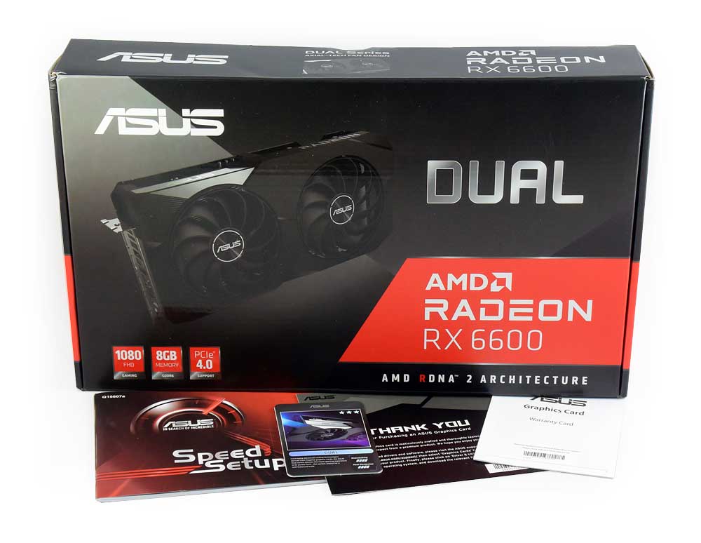 Pro zvětšení klikni Asus DUAL RX 6600 8G; balení