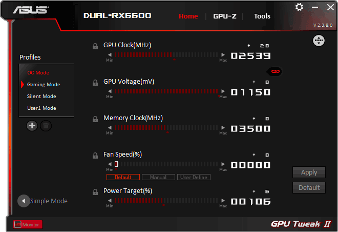 Pro zvětšení klikni Asus DUAL RX 6600 8G GPU Tweak advanced mode