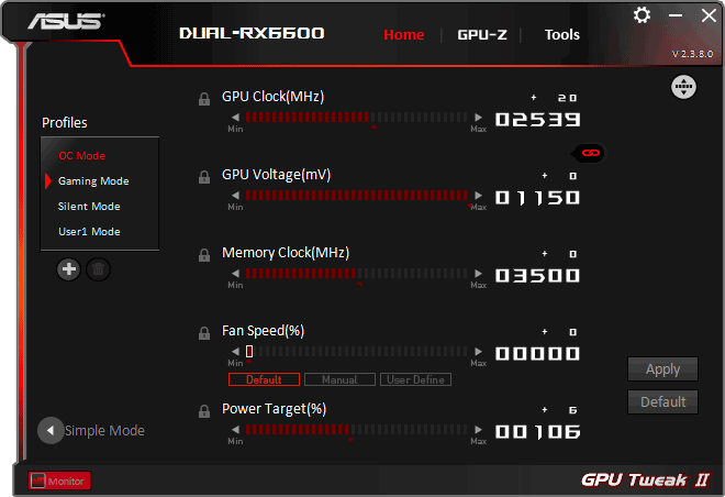 Asus DUAL RX 6600 8G GPU Tweak advanced mode